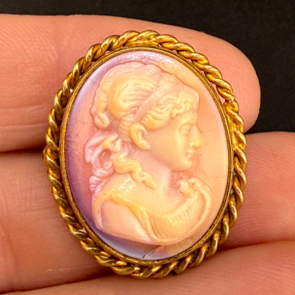 Vintage Cameo Brooch Gold Tone Pink Glass